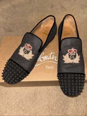 Christian Louboutin Gray Embroidered Crest Studded Toe Havanana Loafers